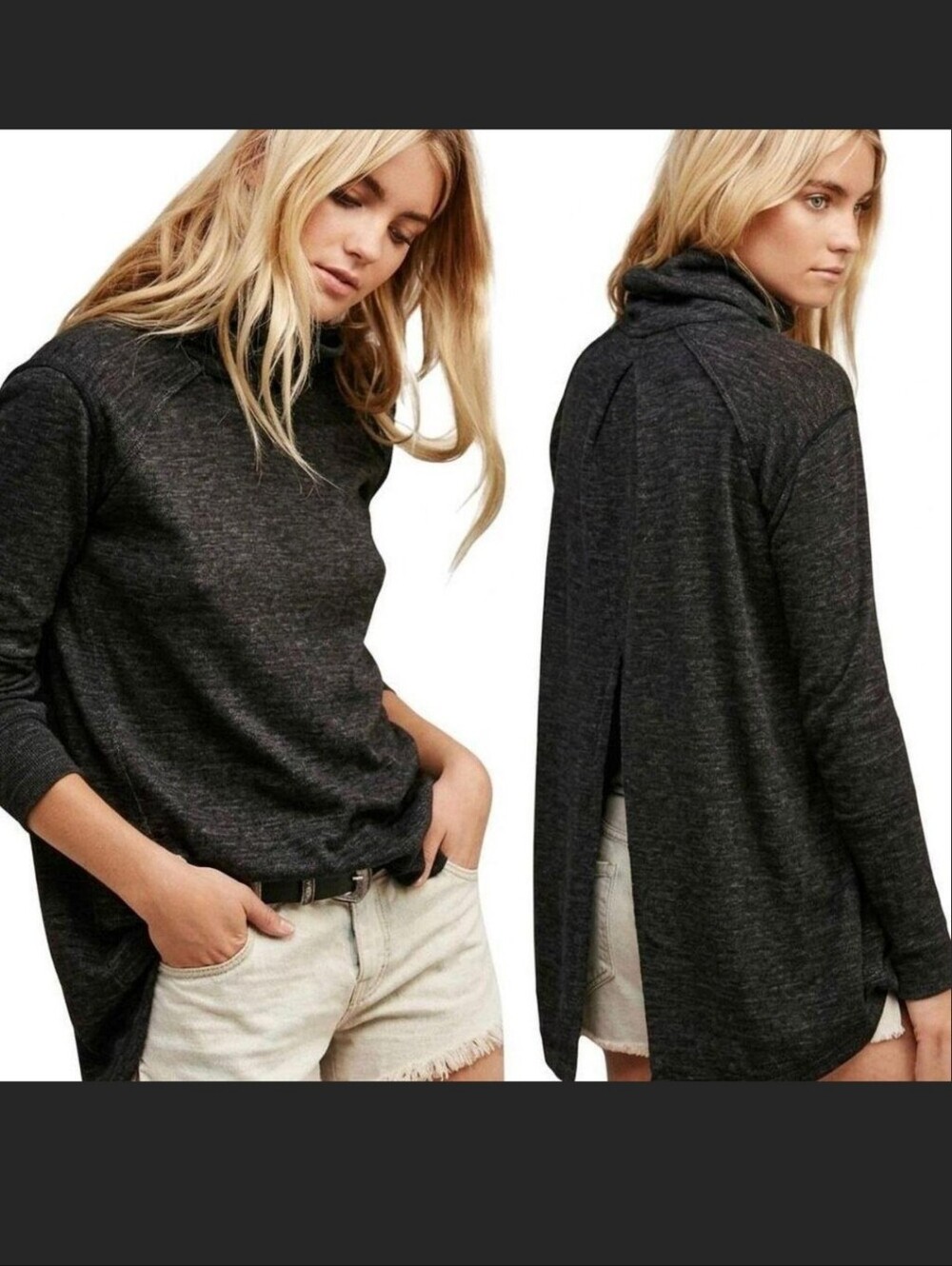 We The Free Free People Split Back Cowl Neck Top Charcoal Grey Large L